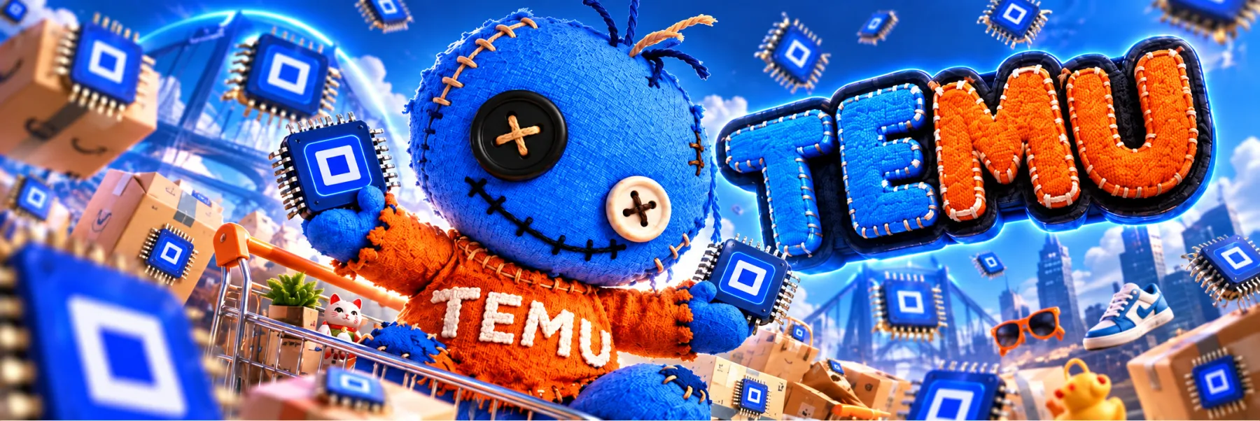 The TEMU mascot riding a shopping cart through a city of floating Micron memory chips and parcels.