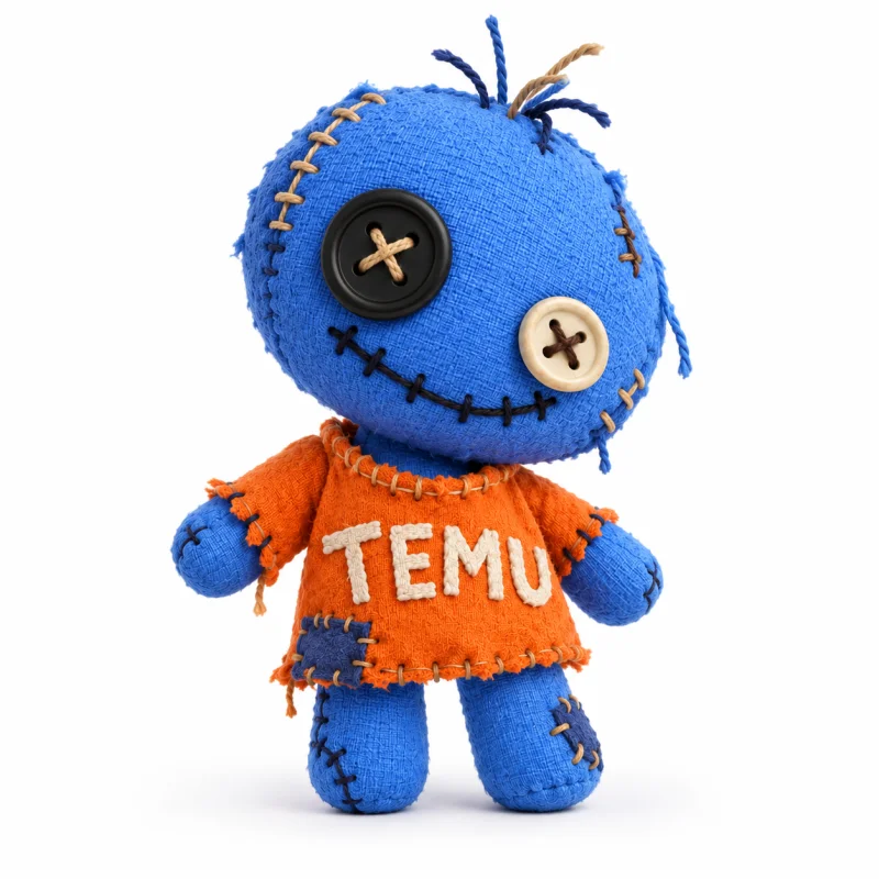 The TEMU mascot, a blue knitted doll with button eyes wearing an orange TEMU shirt.